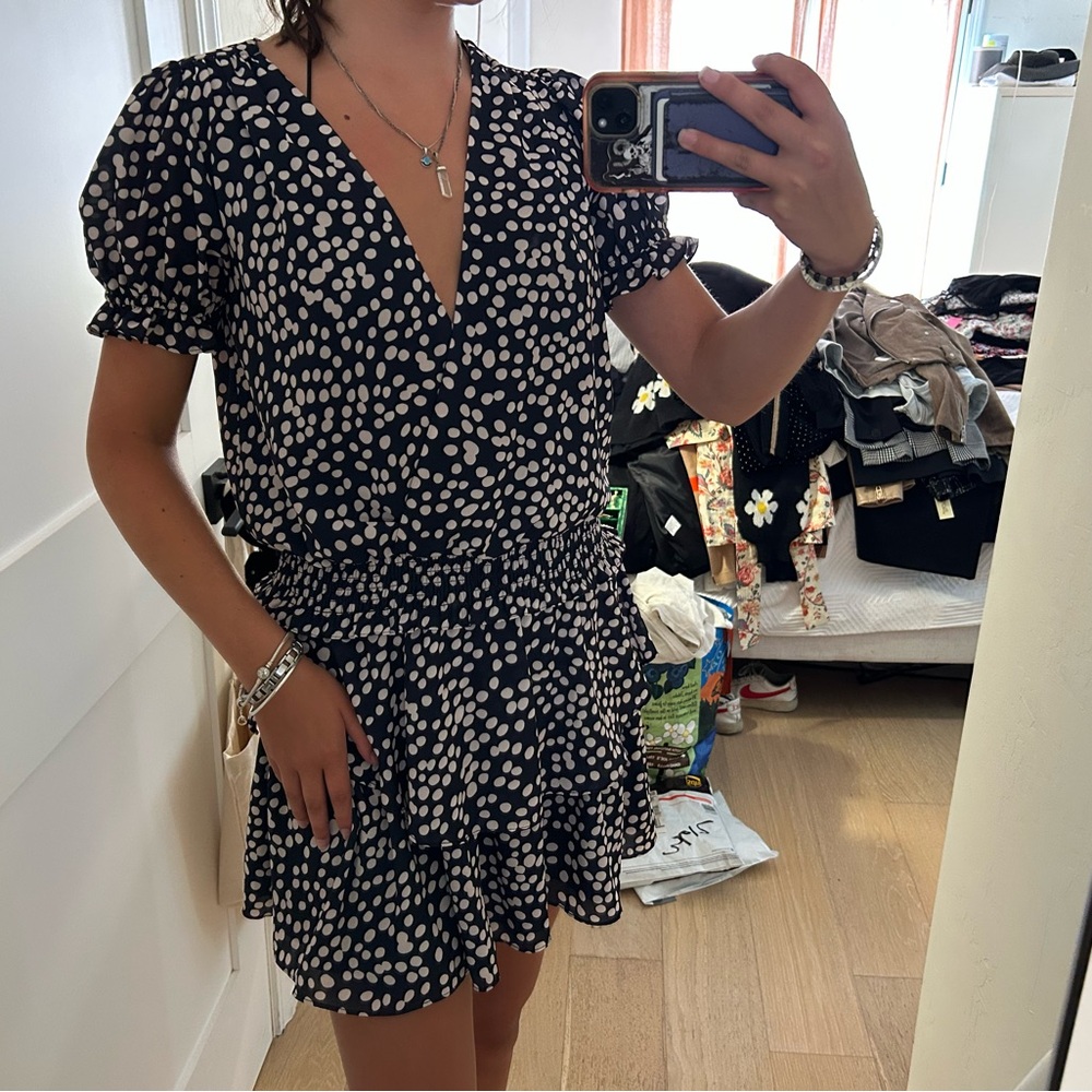 Amanda Uprichard Black and White Puff Sleeve Wrap Mini Dress